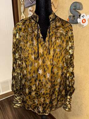 Ciebon Leopard Print Sheer Blouse Metallic Gold Star Tie Neck Long Sleeve Medium